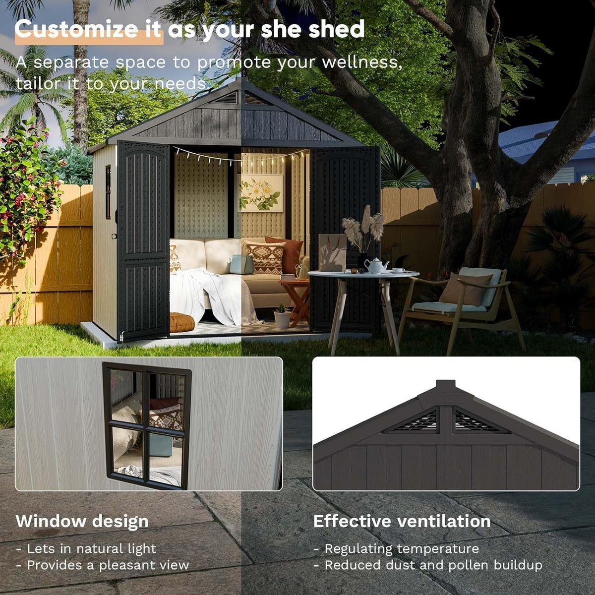 8' X 6' Plastic Outdoor Storage Shed with Floor, Resin Shed with Window and Lockable Door for Garden, Backyard, Tool Storage Use, Easy to Install in Gray and White (Kick-It Shed)